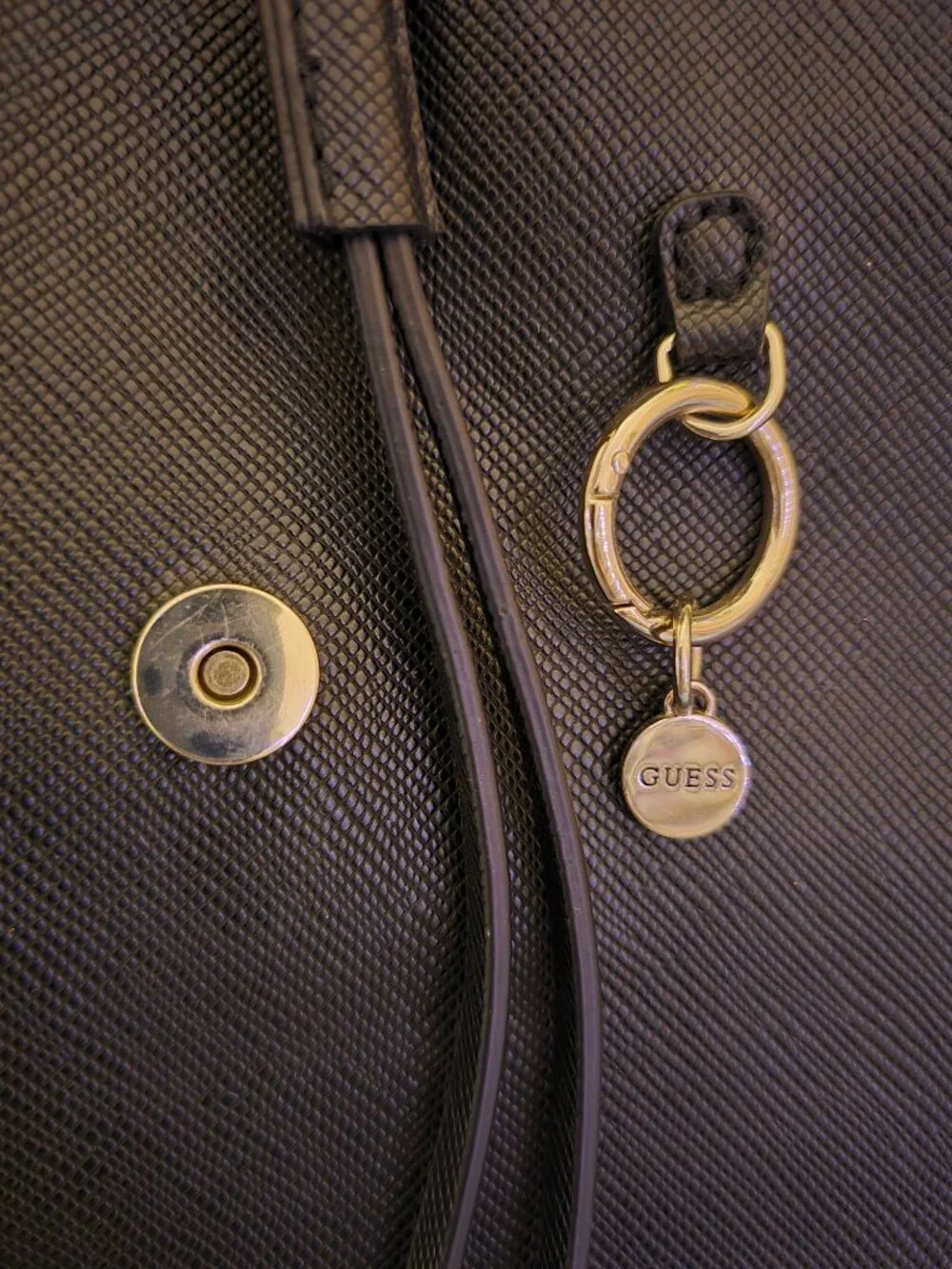 GUESS 1981 Black Faux Leather Backpack Purse Gold Hardware Drawstring EUC